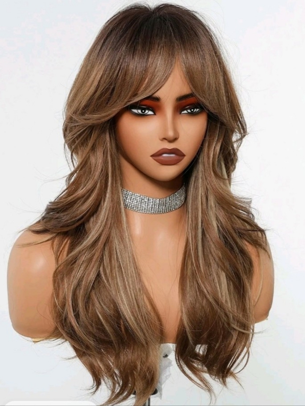 Long Layered Synthetic Wig with Curtain Bangs - Brown